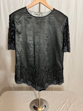 Black Beaded Short Sleeve Top